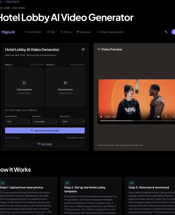Interfaz de carga Migos AI con espacios vacíos para fotografías izquierda y derecha, control de inicio de sesión Google y una cotización de 100 créditos durante 5 segundos a 720p.